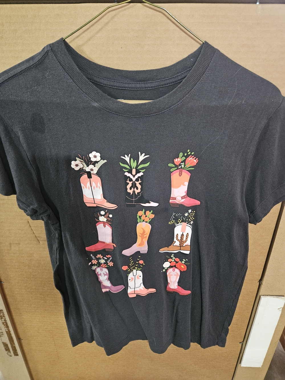 Women’s Black Graphic Short Sleeve Tee with Floral Cowboy Boot Motif